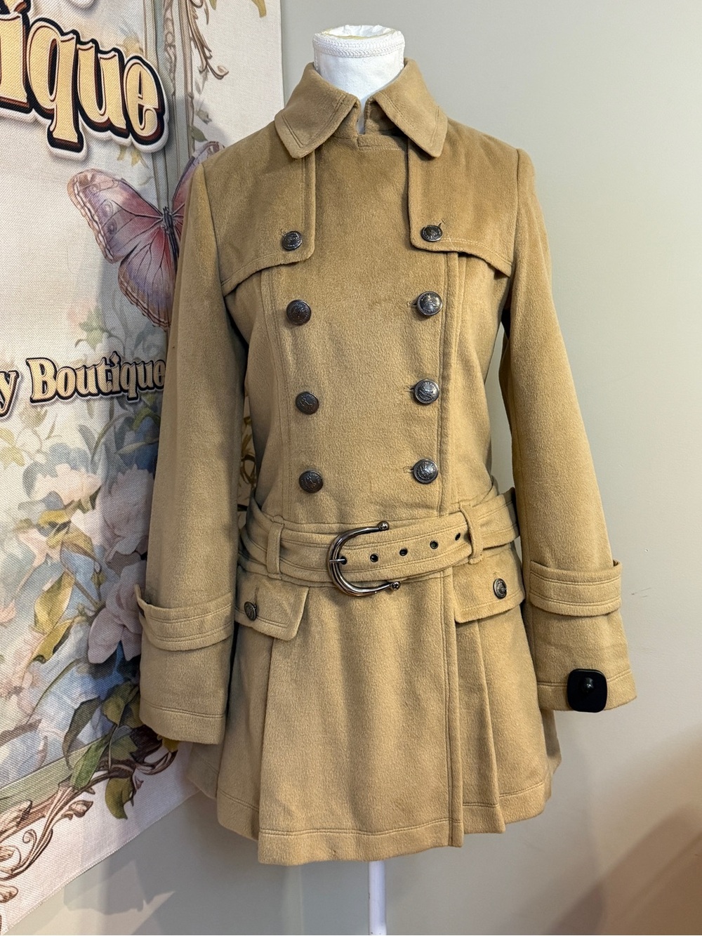 Wool Tan Double-Breasted Belted Trench Coat